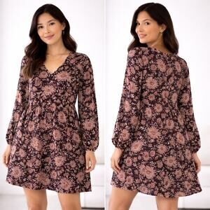 Knox Rose Floral Boho Babydoll Dress | Black Mauve Boho Long Sleeve Size M